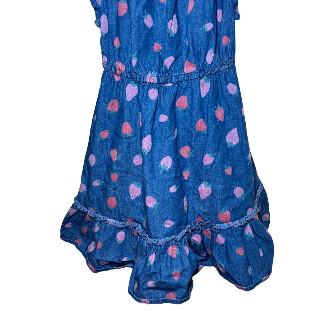 Sweet Story Girls Size 4 Blue Denim Strawberry Print Flutter Sleeve Dress - Picture 3 of 7